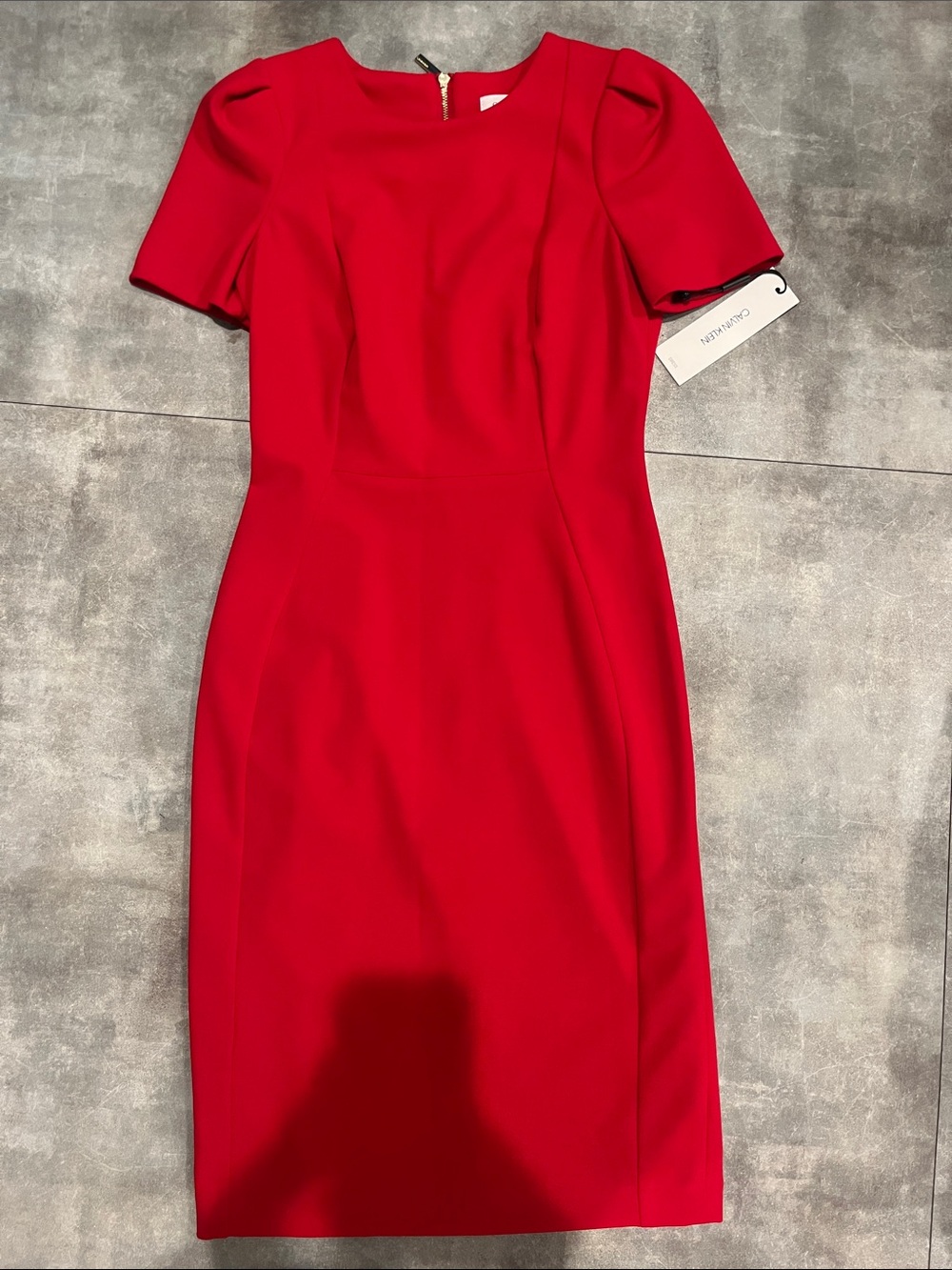 Calvin Klein Red Midi Sheath Dress with Puff Sleeves